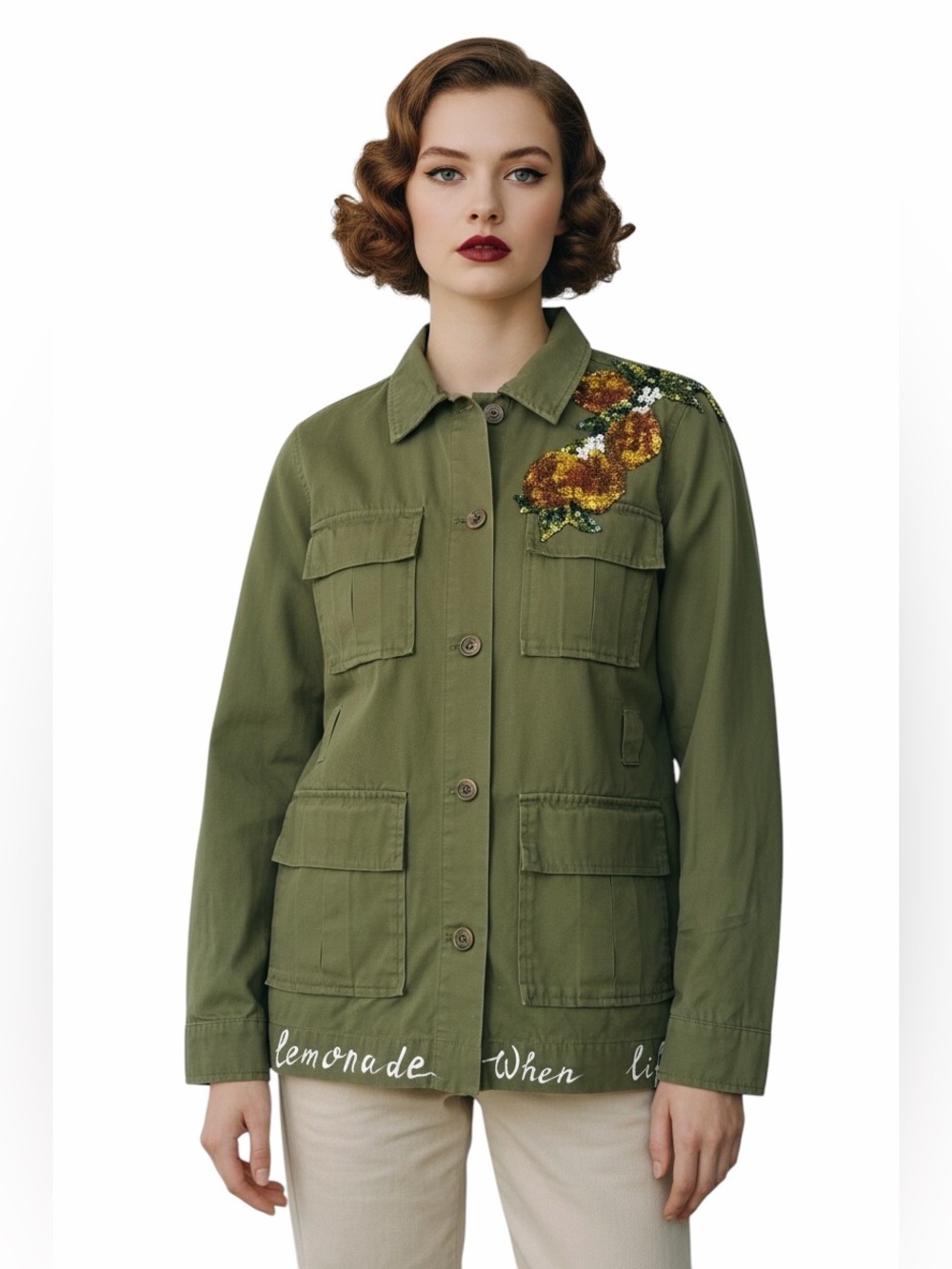 Vintage Army Jacket with sequined Embroidered Flowers .
